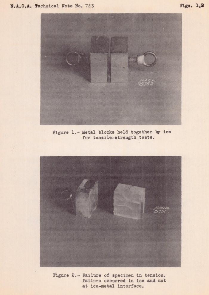Figure 1. Metal blocks held together by ice for tensile strength tests. Figure 2. Failure of specimen in tension. Failure occured in ice and not at the ice-metal surface.